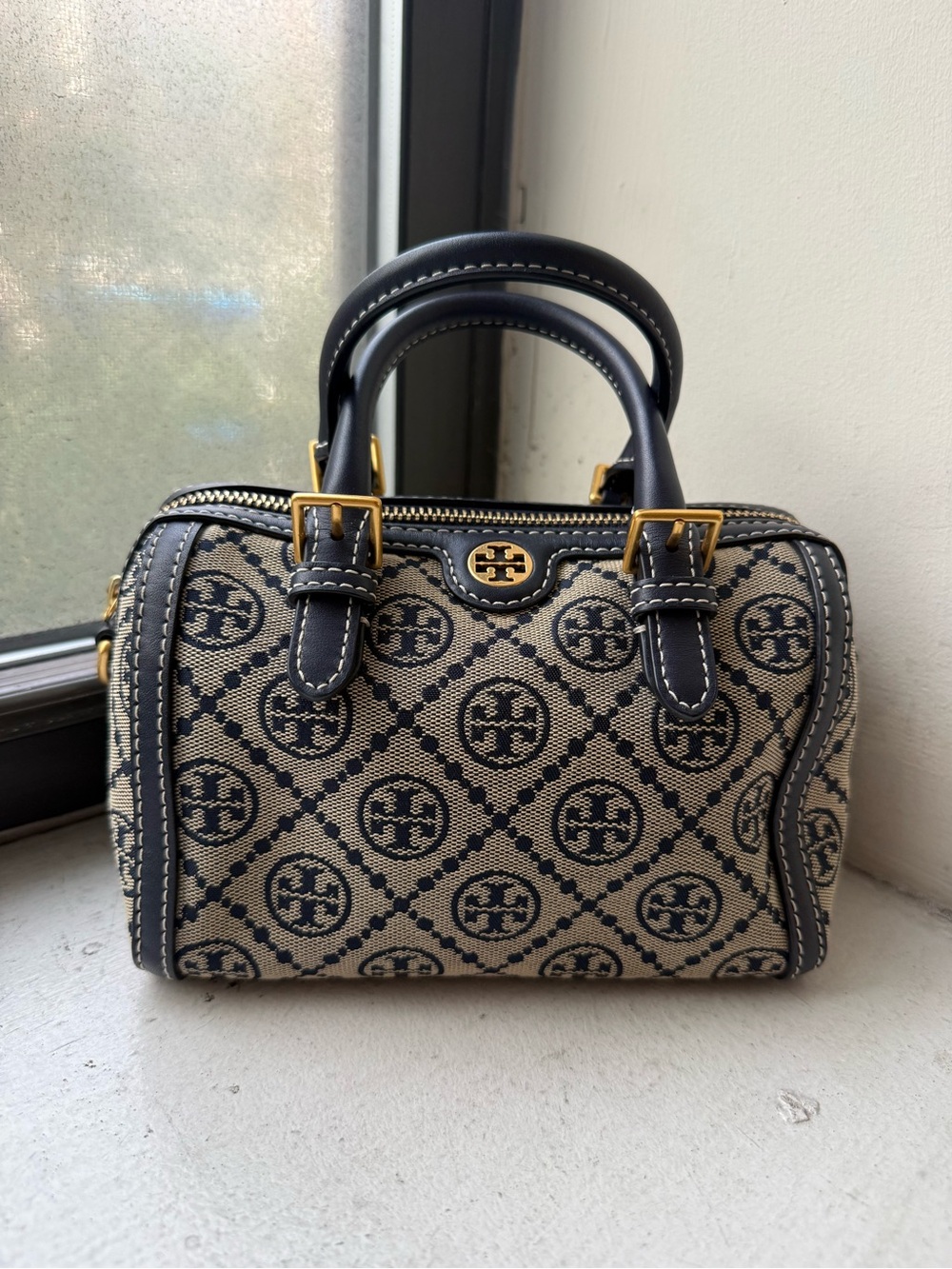 Tory Burch mini barrel bag (navy monogram)